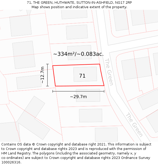 71, THE GREEN, HUTHWAITE, SUTTON-IN-ASHFIELD, NG17 2RP: Plot and title map