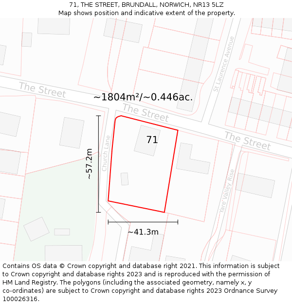 71, THE STREET, BRUNDALL, NORWICH, NR13 5LZ: Plot and title map