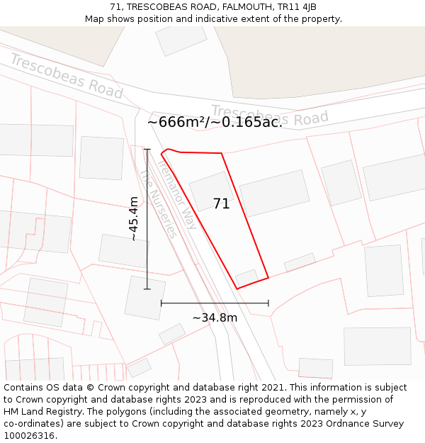 71, TRESCOBEAS ROAD, FALMOUTH, TR11 4JB: Plot and title map