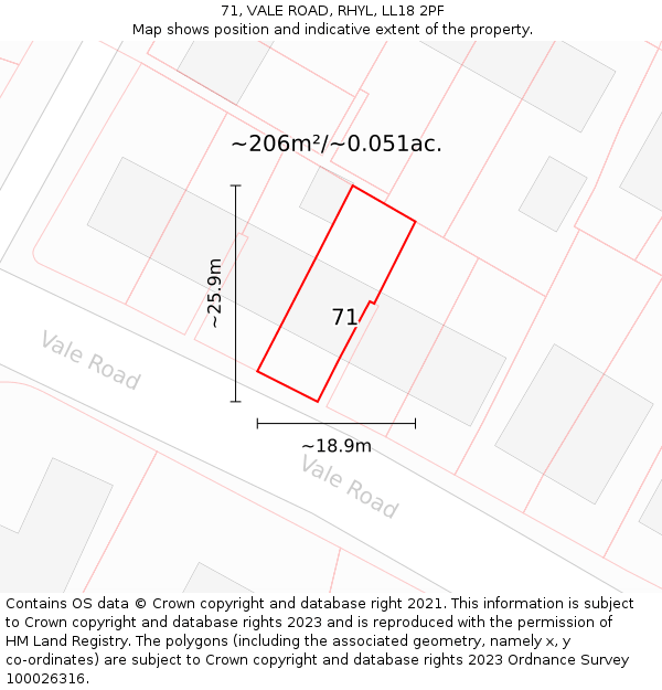 71, VALE ROAD, RHYL, LL18 2PF: Plot and title map