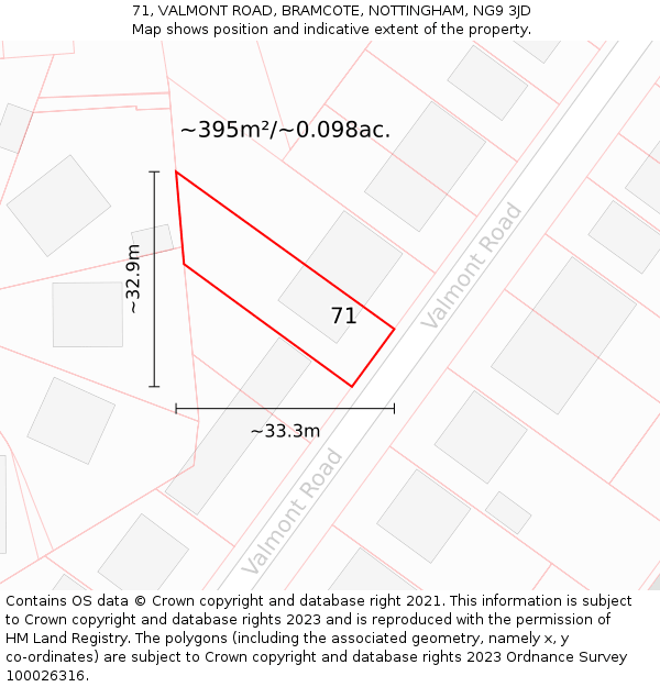 71, VALMONT ROAD, BRAMCOTE, NOTTINGHAM, NG9 3JD: Plot and title map