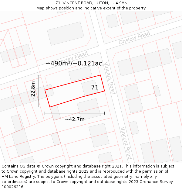 71, VINCENT ROAD, LUTON, LU4 9AN: Plot and title map