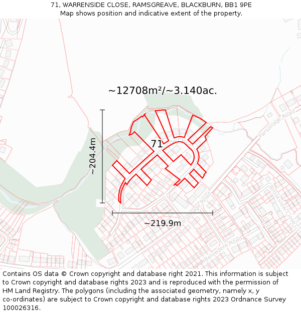 71, WARRENSIDE CLOSE, RAMSGREAVE, BLACKBURN, BB1 9PE: Plot and title map