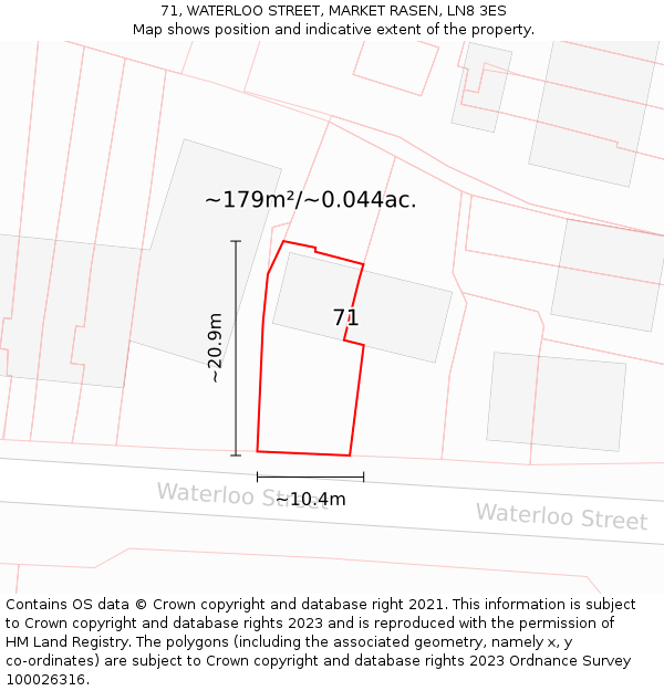 71, WATERLOO STREET, MARKET RASEN, LN8 3ES: Plot and title map