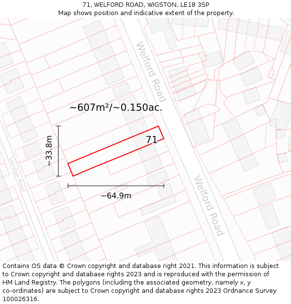 71, WELFORD ROAD, WIGSTON, LE18 3SP: Plot and title map