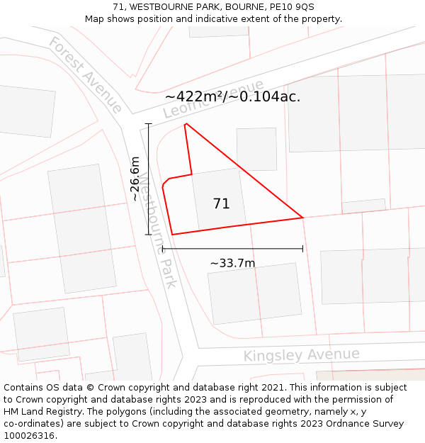 71, WESTBOURNE PARK, BOURNE, PE10 9QS: Plot and title map