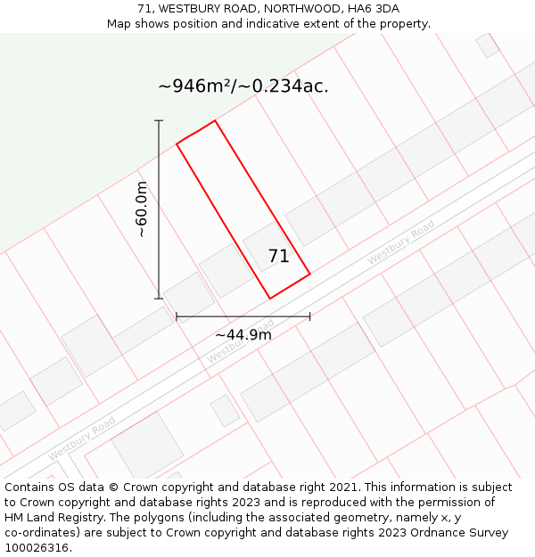 71, WESTBURY ROAD, NORTHWOOD, HA6 3DA: Plot and title map