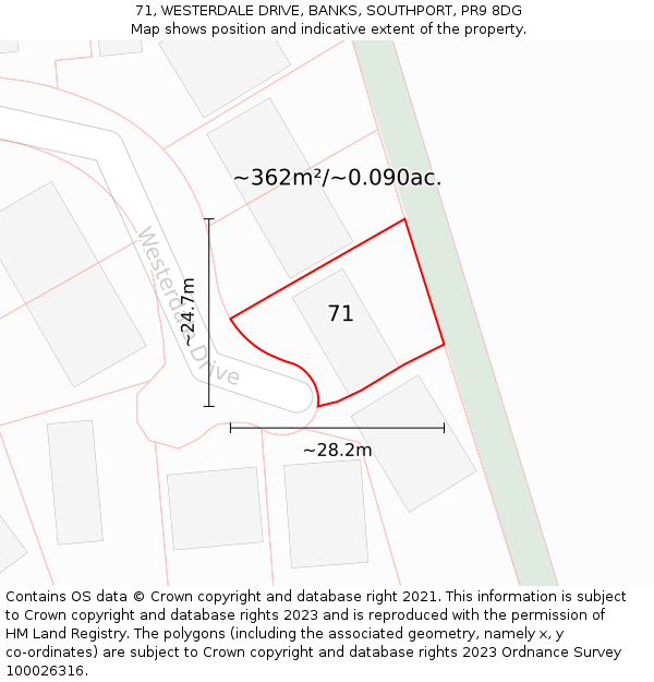 71, WESTERDALE DRIVE, BANKS, SOUTHPORT, PR9 8DG: Plot and title map