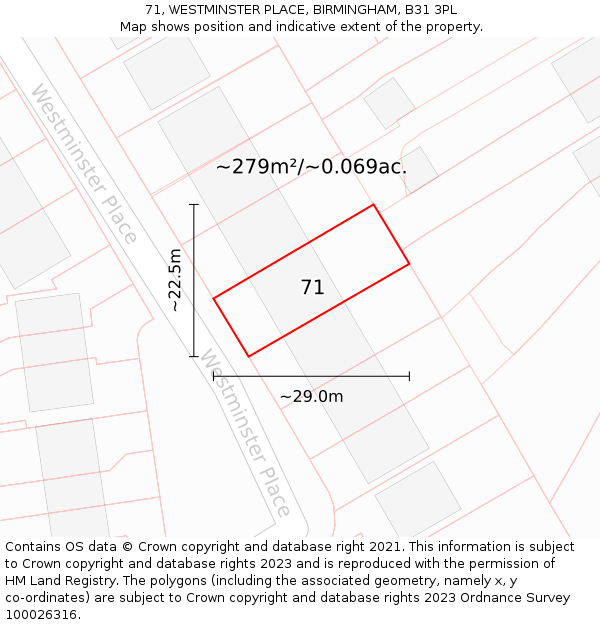 71, WESTMINSTER PLACE, BIRMINGHAM, B31 3PL: Plot and title map