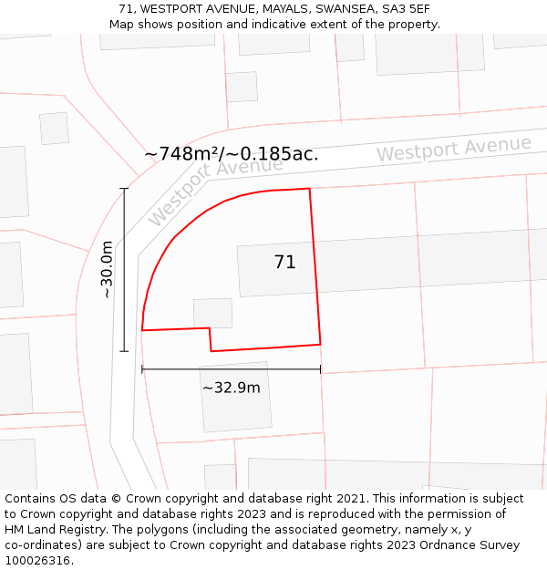 71, WESTPORT AVENUE, MAYALS, SWANSEA, SA3 5EF: Plot and title map