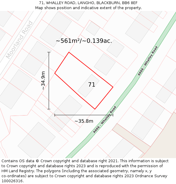 71, WHALLEY ROAD, LANGHO, BLACKBURN, BB6 8EF: Plot and title map