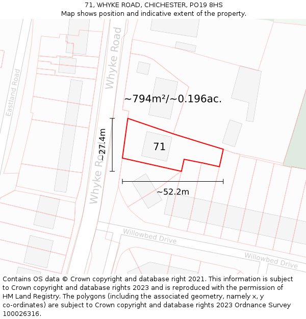 71, WHYKE ROAD, CHICHESTER, PO19 8HS: Plot and title map