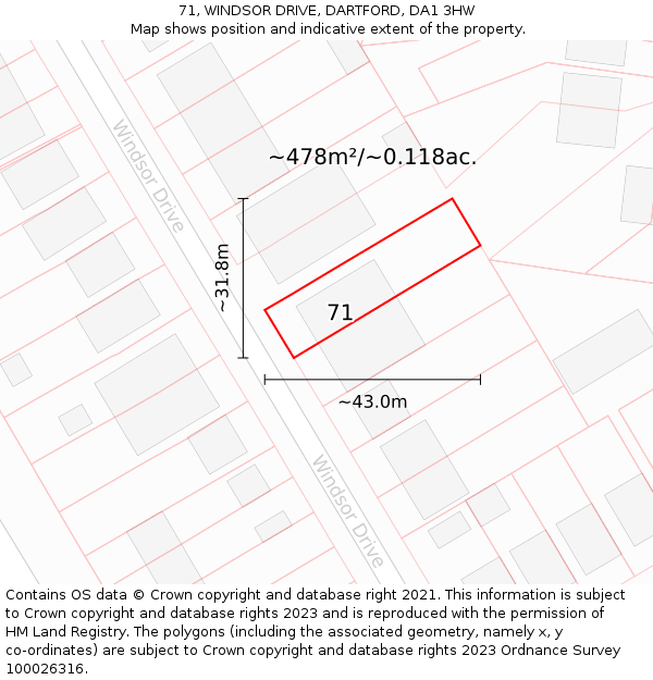 71, WINDSOR DRIVE, DARTFORD, DA1 3HW: Plot and title map