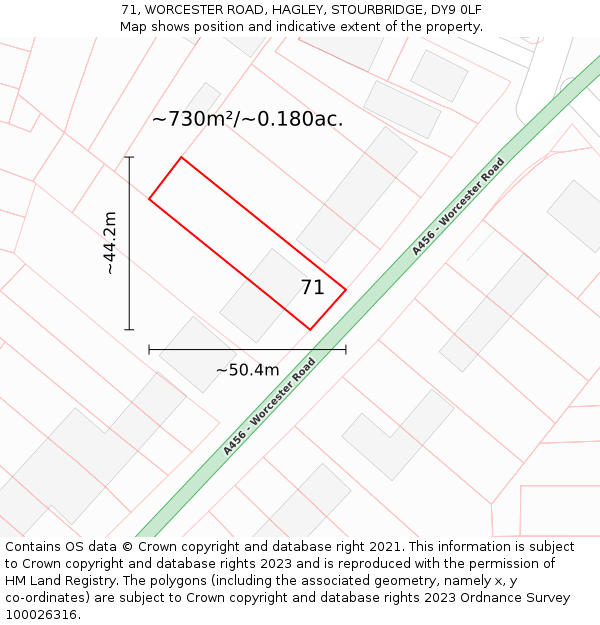 71, WORCESTER ROAD, HAGLEY, STOURBRIDGE, DY9 0LF: Plot and title map