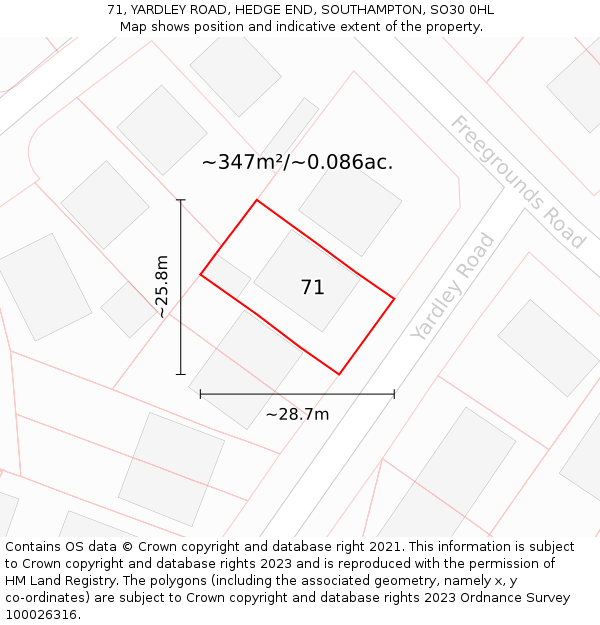 71, YARDLEY ROAD, HEDGE END, SOUTHAMPTON, SO30 0HL: Plot and title map