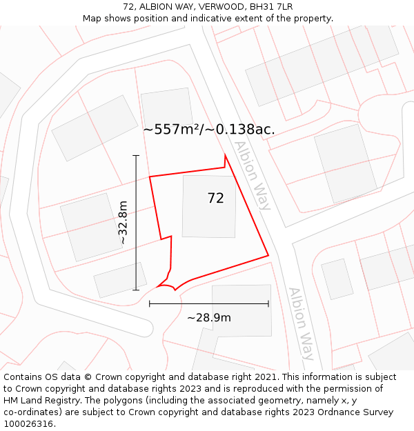 72, ALBION WAY, VERWOOD, BH31 7LR: Plot and title map