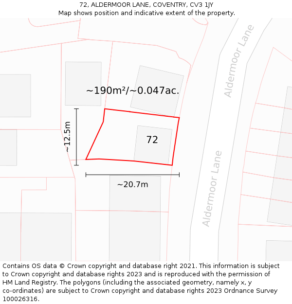 72, ALDERMOOR LANE, COVENTRY, CV3 1JY: Plot and title map