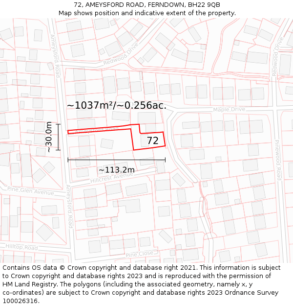 72, AMEYSFORD ROAD, FERNDOWN, BH22 9QB: Plot and title map