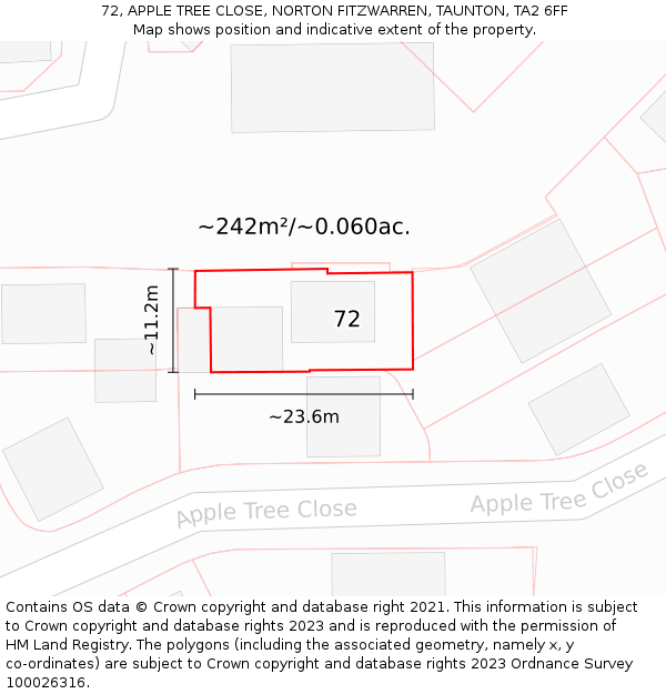 72, APPLE TREE CLOSE, NORTON FITZWARREN, TAUNTON, TA2 6FF: Plot and title map