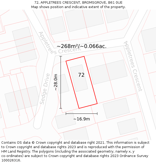 72, APPLETREES CRESCENT, BROMSGROVE, B61 0UE: Plot and title map