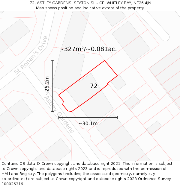 72, ASTLEY GARDENS, SEATON SLUICE, WHITLEY BAY, NE26 4JN: Plot and title map