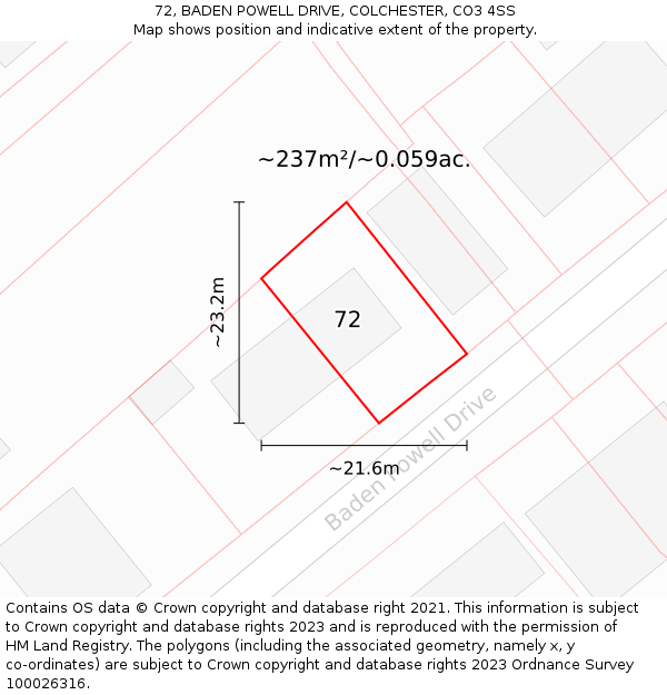 72, BADEN POWELL DRIVE, COLCHESTER, CO3 4SS: Plot and title map