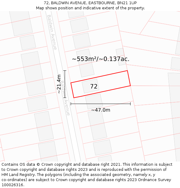 72, BALDWIN AVENUE, EASTBOURNE, BN21 1UP: Plot and title map