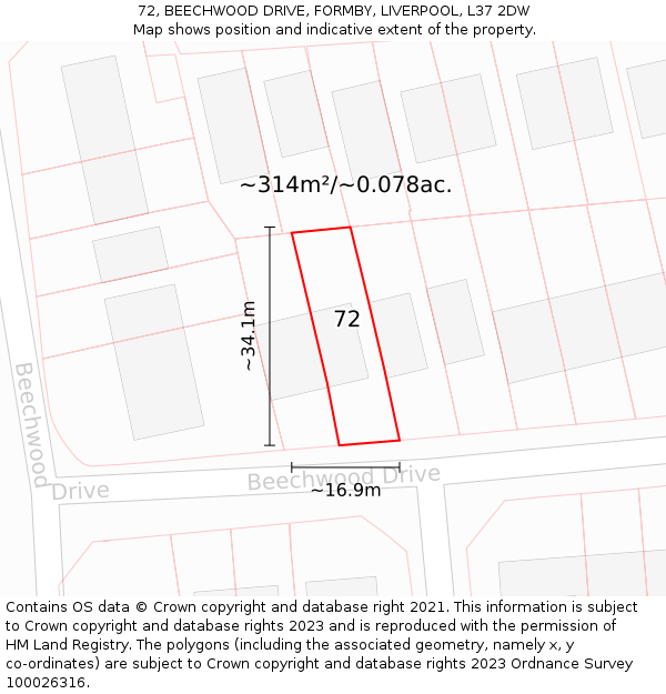 72, BEECHWOOD DRIVE, FORMBY, LIVERPOOL, L37 2DW: Plot and title map