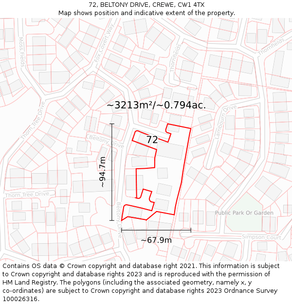 72, BELTONY DRIVE, CREWE, CW1 4TX: Plot and title map