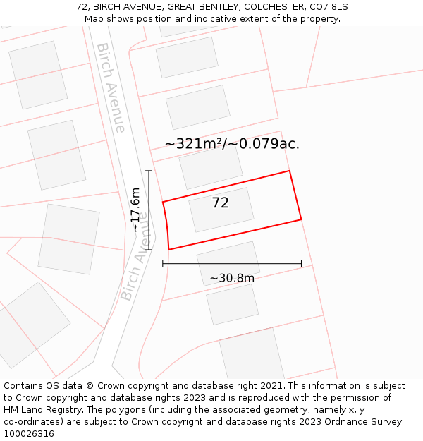 72, BIRCH AVENUE, GREAT BENTLEY, COLCHESTER, CO7 8LS: Plot and title map