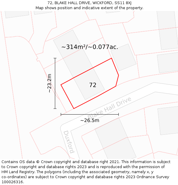 72, BLAKE HALL DRIVE, WICKFORD, SS11 8XJ: Plot and title map