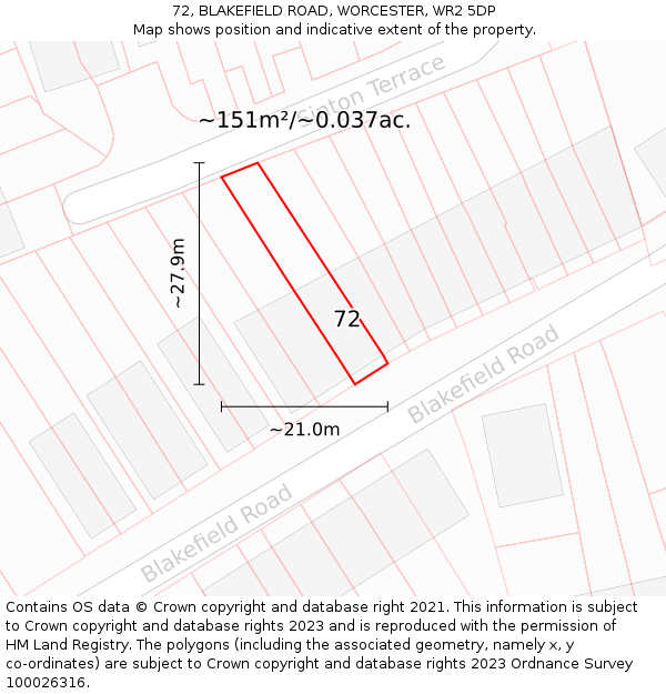 72, BLAKEFIELD ROAD, WORCESTER, WR2 5DP: Plot and title map