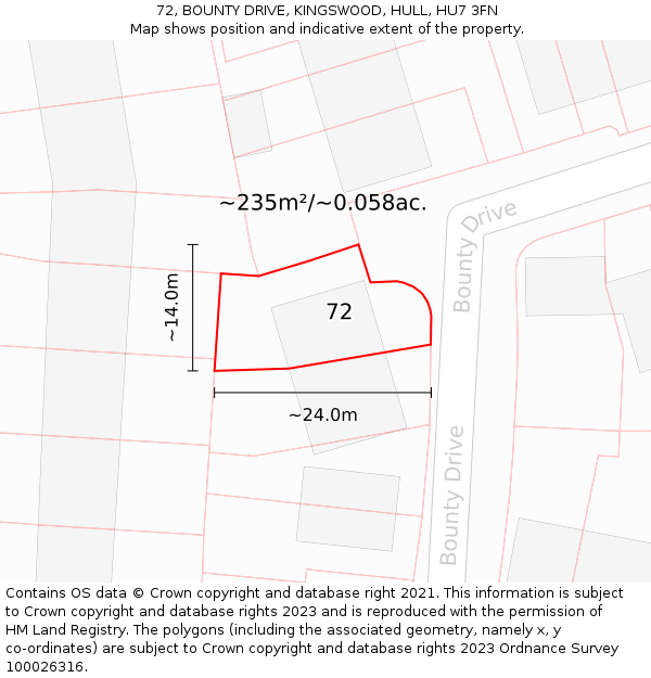 72, BOUNTY DRIVE, KINGSWOOD, HULL, HU7 3FN: Plot and title map