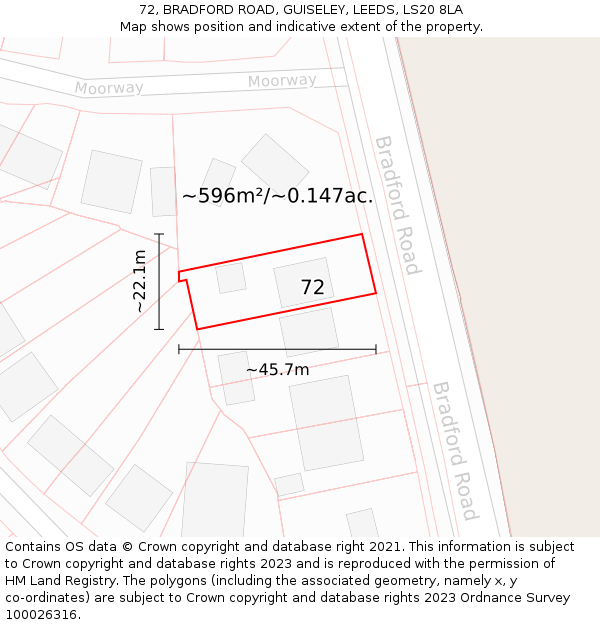 72, BRADFORD ROAD, GUISELEY, LEEDS, LS20 8LA: Plot and title map