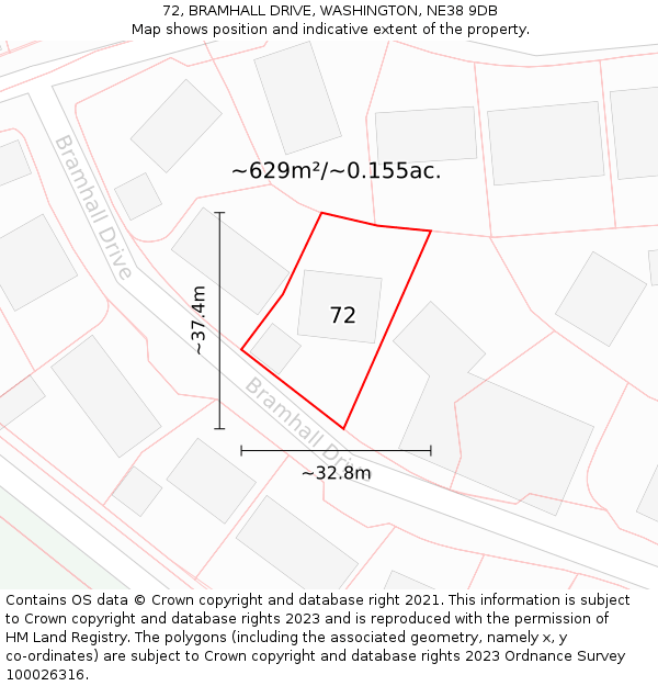 72, BRAMHALL DRIVE, WASHINGTON, NE38 9DB: Plot and title map