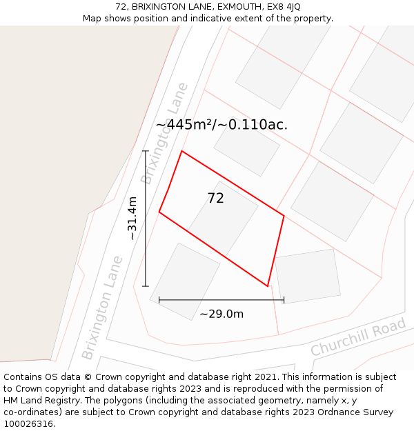 72, BRIXINGTON LANE, EXMOUTH, EX8 4JQ: Plot and title map