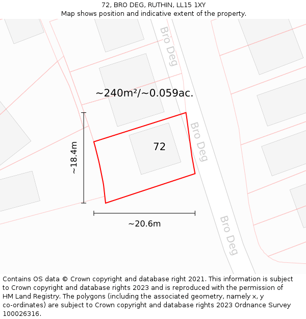 72, BRO DEG, RUTHIN, LL15 1XY: Plot and title map