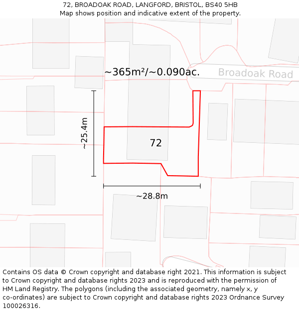 72, BROADOAK ROAD, LANGFORD, BRISTOL, BS40 5HB: Plot and title map