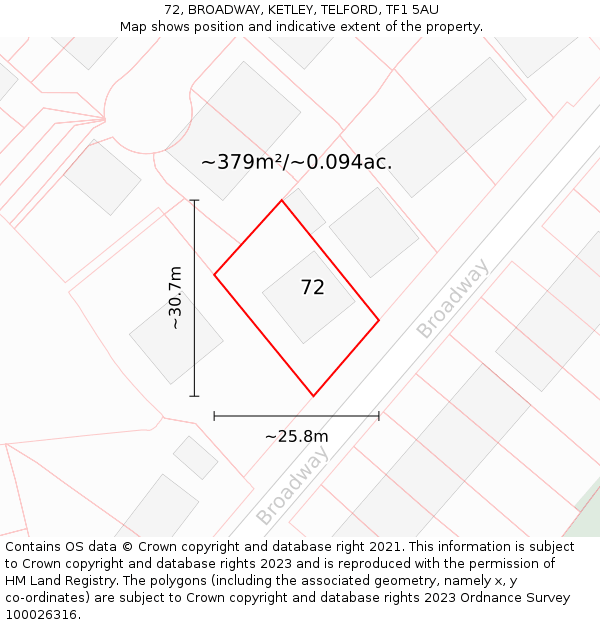 72, BROADWAY, KETLEY, TELFORD, TF1 5AU: Plot and title map