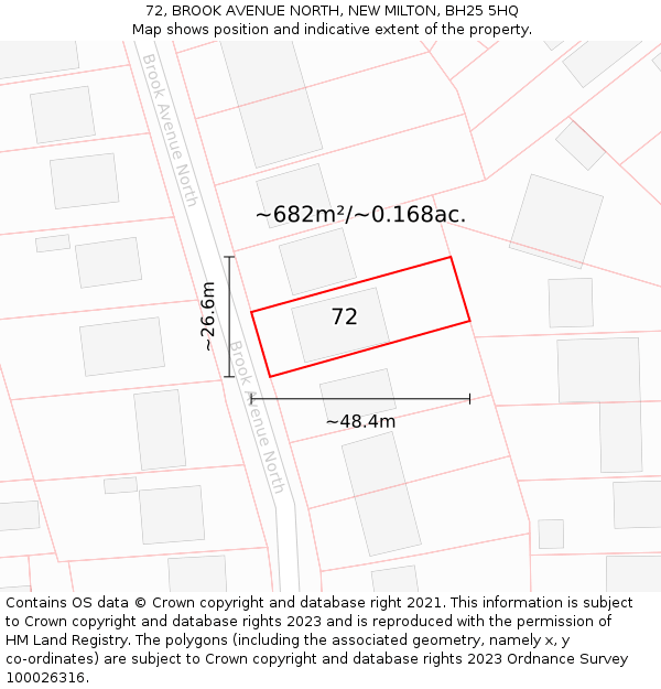 72, BROOK AVENUE NORTH, NEW MILTON, BH25 5HQ: Plot and title map