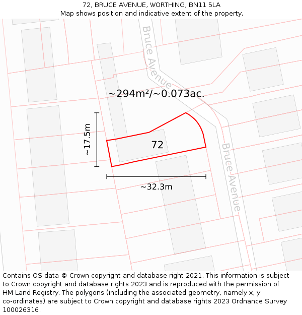72, BRUCE AVENUE, WORTHING, BN11 5LA: Plot and title map