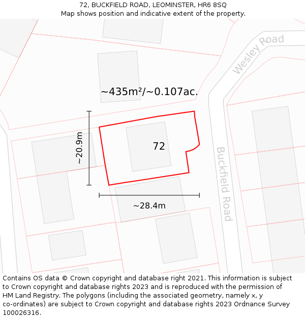 72, BUCKFIELD ROAD, LEOMINSTER, HR6 8SQ: Plot and title map