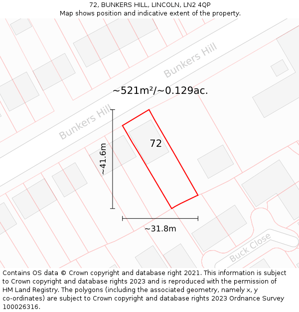 72, BUNKERS HILL, LINCOLN, LN2 4QP: Plot and title map
