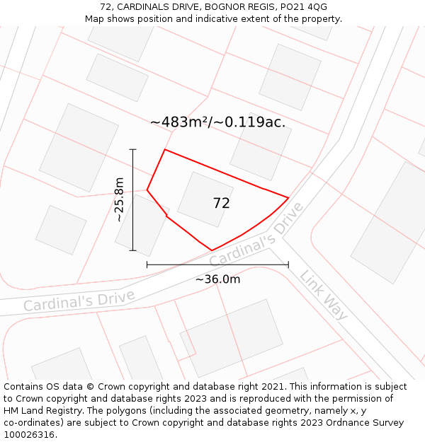 72, CARDINALS DRIVE, BOGNOR REGIS, PO21 4QG: Plot and title map