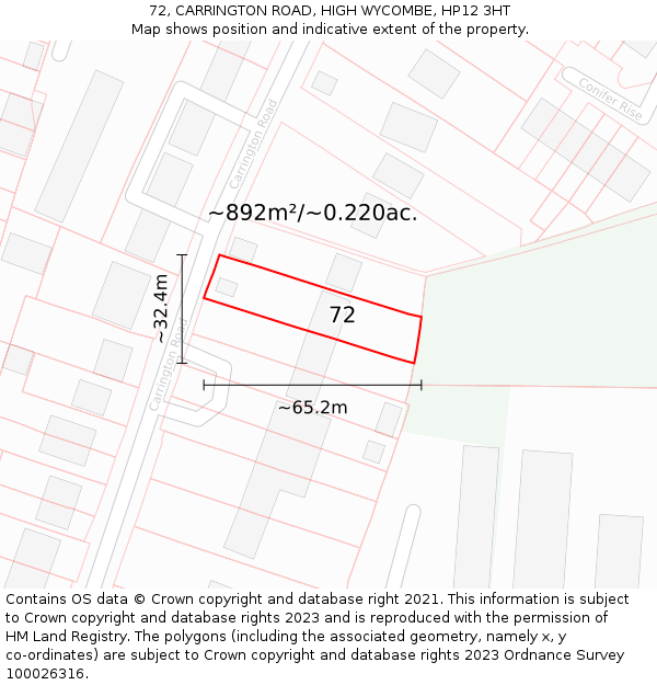 72, CARRINGTON ROAD, HIGH WYCOMBE, HP12 3HT: Plot and title map