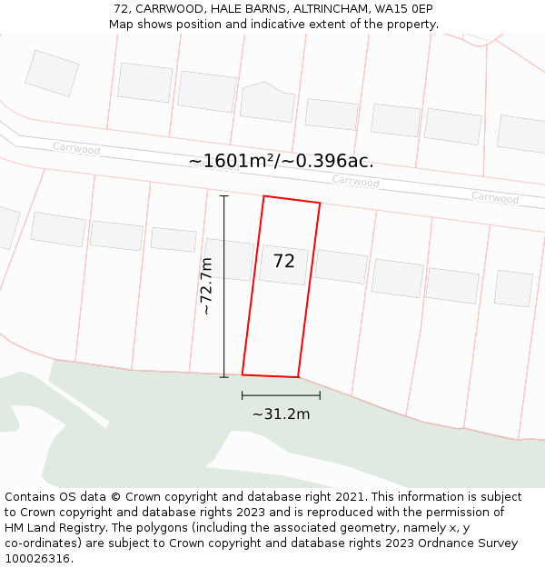 72, CARRWOOD, HALE BARNS, ALTRINCHAM, WA15 0EP: Plot and title map