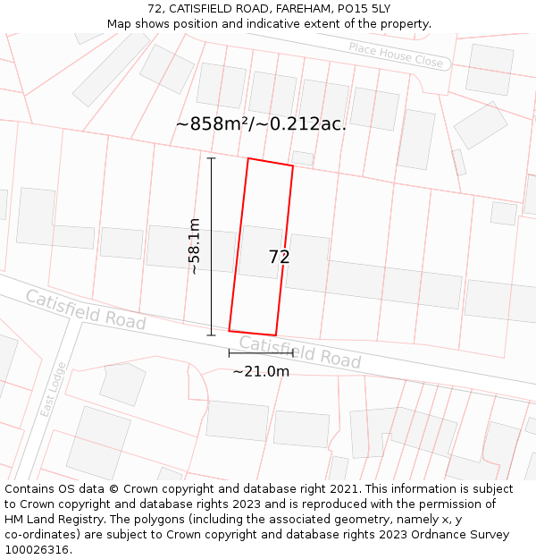 72, CATISFIELD ROAD, FAREHAM, PO15 5LY: Plot and title map