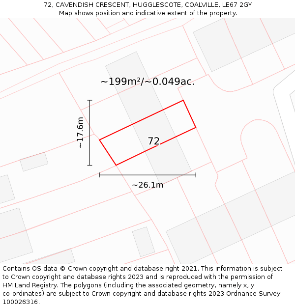 72, CAVENDISH CRESCENT, HUGGLESCOTE, COALVILLE, LE67 2GY: Plot and title map