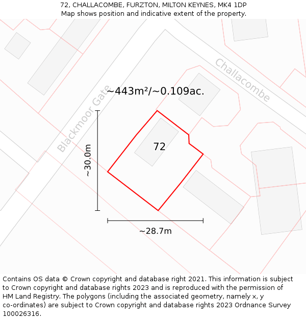 72, CHALLACOMBE, FURZTON, MILTON KEYNES, MK4 1DP: Plot and title map