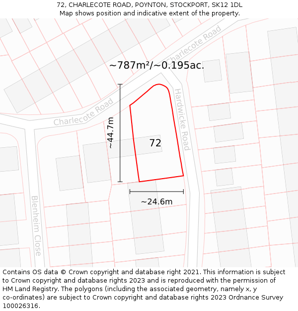 72, CHARLECOTE ROAD, POYNTON, STOCKPORT, SK12 1DL: Plot and title map